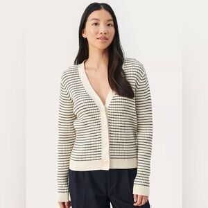 Striped Cream and Black V-Neck Button Cardigan